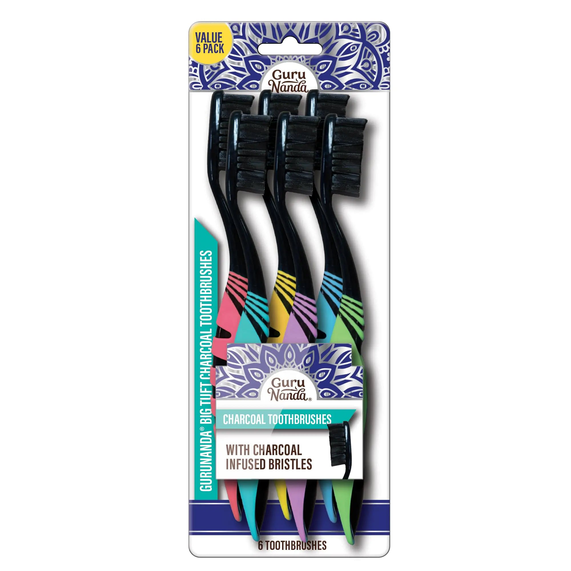 GuruNanda Charcoal Infused Toothbrush – Soft Charcoal Bristles - Helps Clean Plaque Whitens Teeth and Aids in Fresh Breath – BPA-Free Brush for Adults & Kids (6 Count)