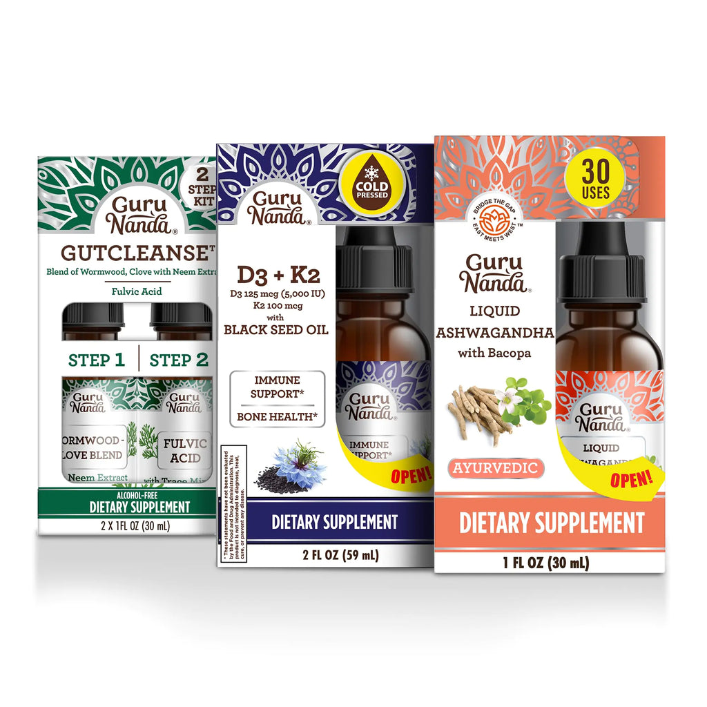 GuruNanda Total Wellness Boost with Liquid Ashwagandha Black Seed Oil & GutCleanse - Helps with Immunity and Mind Care