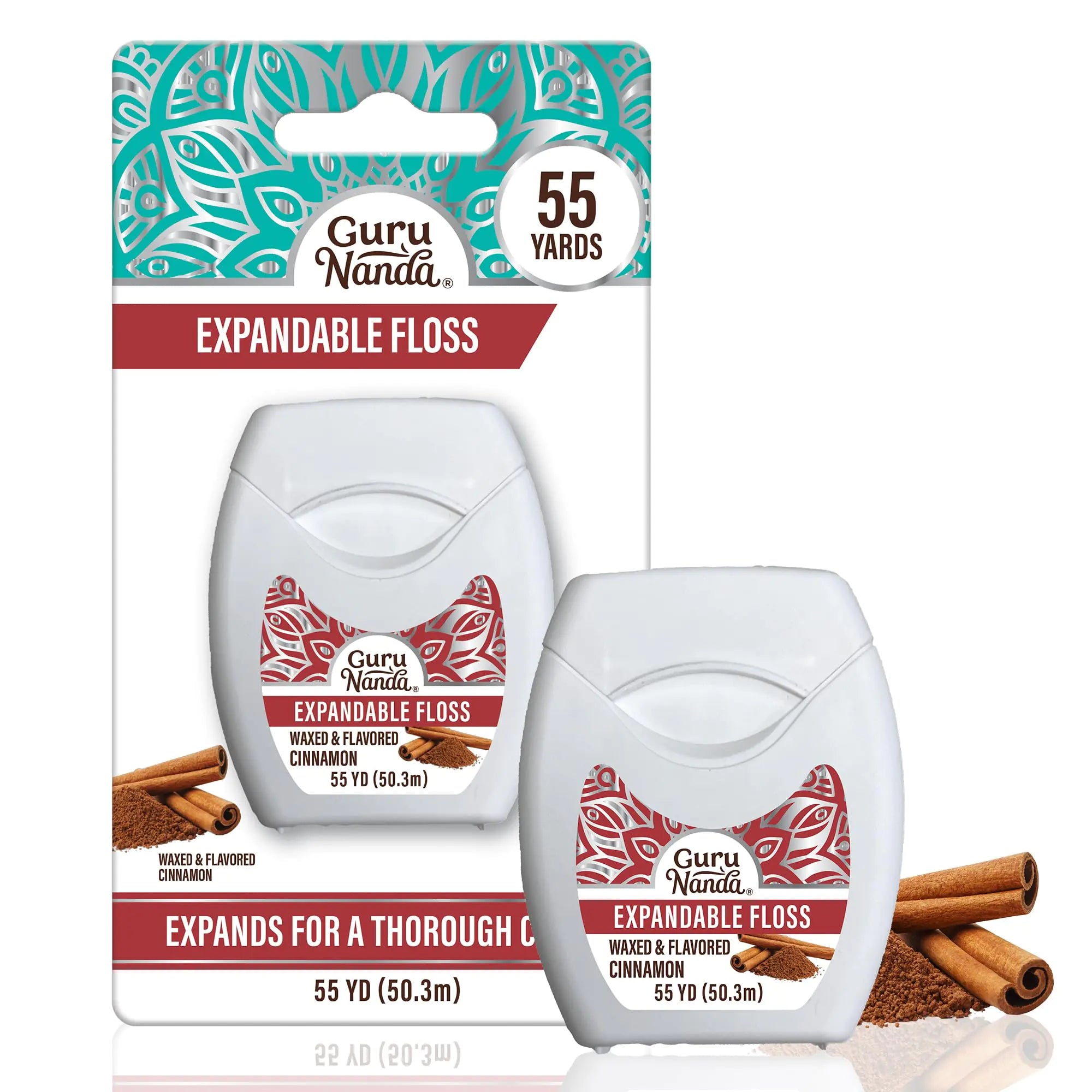 GuruNanda Expandable Waxed Dental Floss for Gentle Deep Cleaning Wide Teeth Flossing - Cinnamon Flavor - 55 Yards