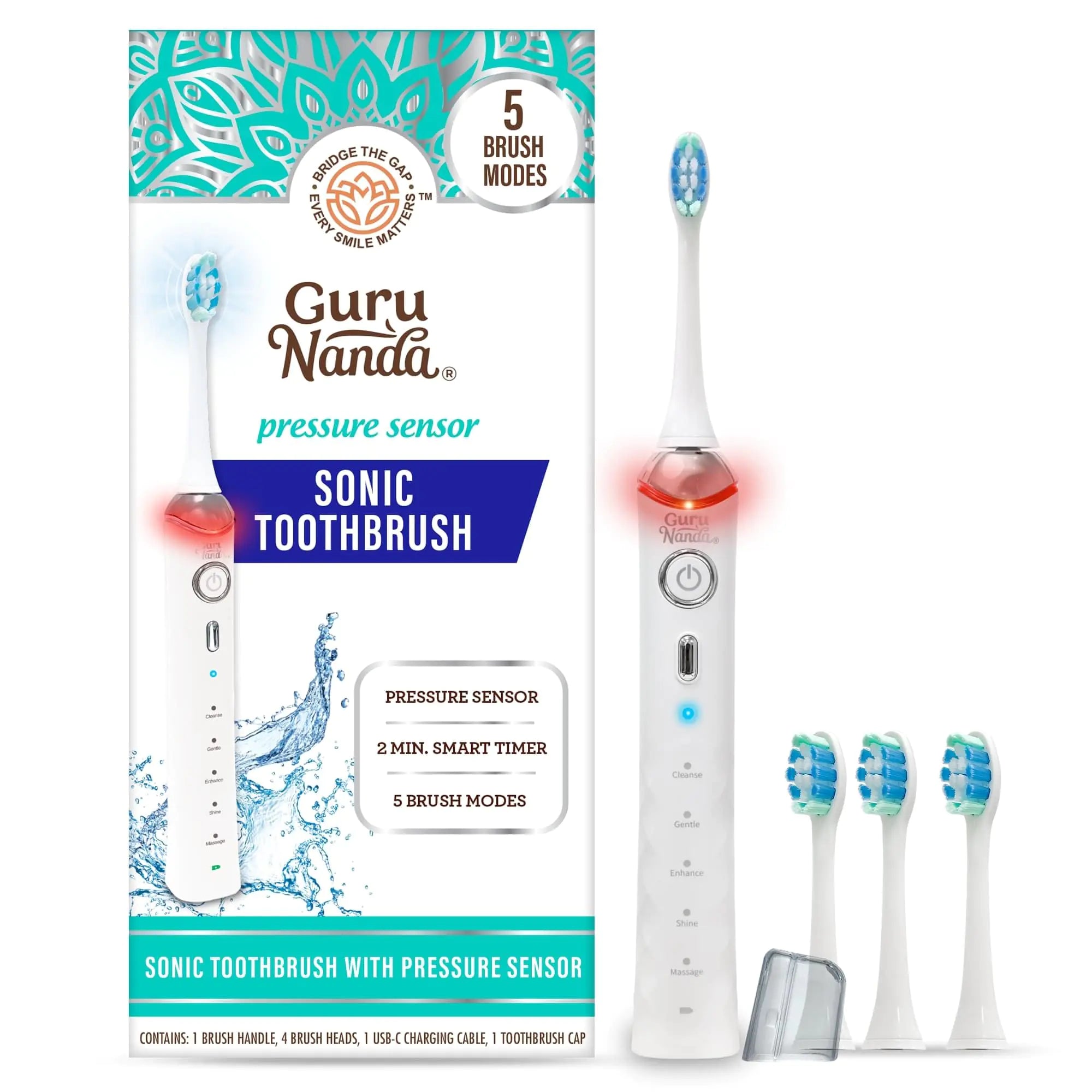 GuruNanda Pressure Sensor Sonic Electric Toothbrush - Rechargeable Toothbrush with 5 Modes Memory Function 2-Min Smart Timer & 4 Replacement Heads White