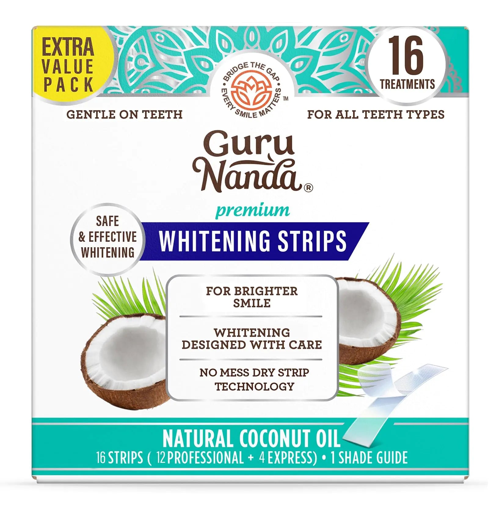 GuruNanda Teeth Whitening Strips - 16-Day Treatment with Non-Slip Dry Strip Technology - Whitening Designed with Care for a Brighter Smile