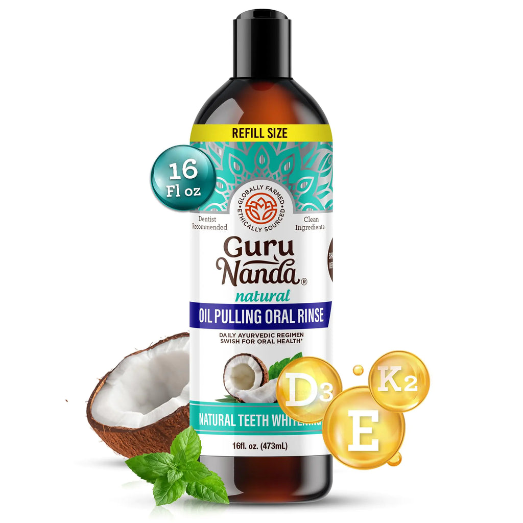 GuruNanda Coconut Oil Pulling Fresh Breath & Whitening Mouthwash 7 Essential Oils & Vitamins for Happy Teeth & Gums Alcohol-Free 16 oz